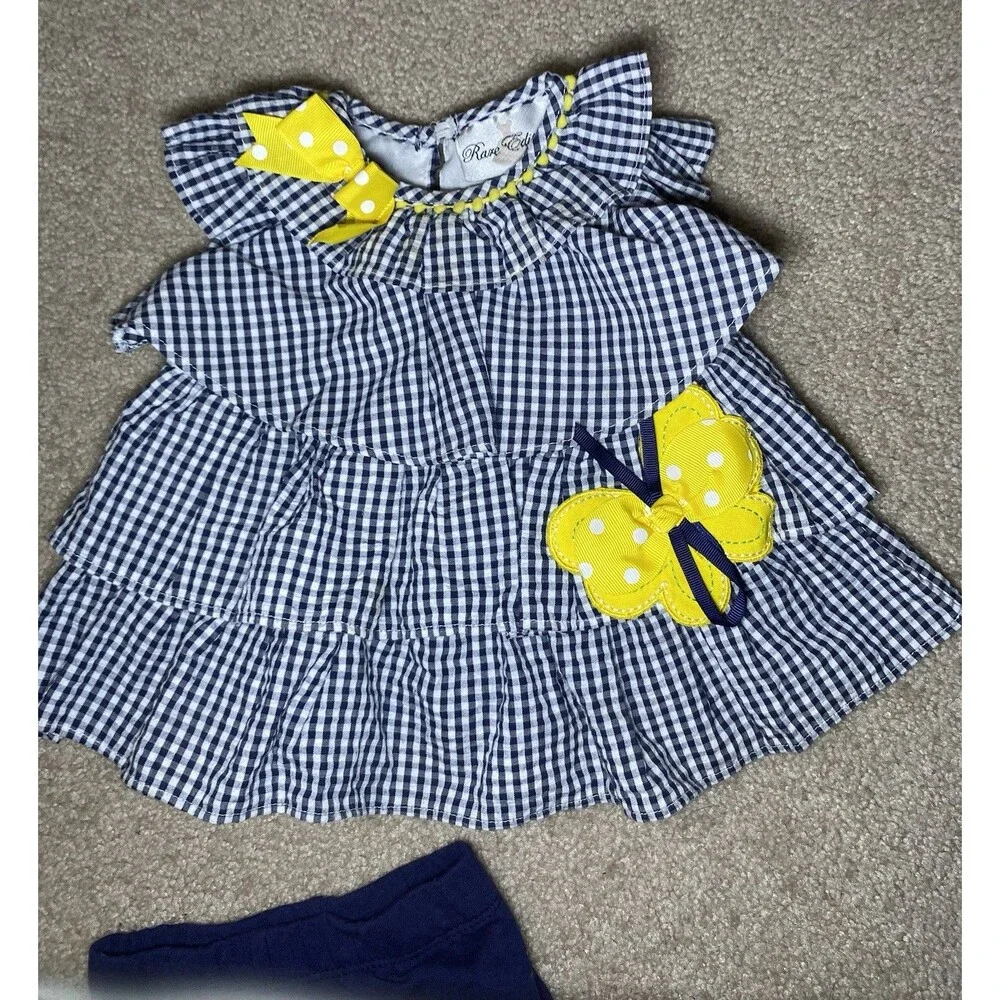 Rare Editions 6M Navy Gingham Butterfly Outfit 2pc Set Pom Pom Trim Summer